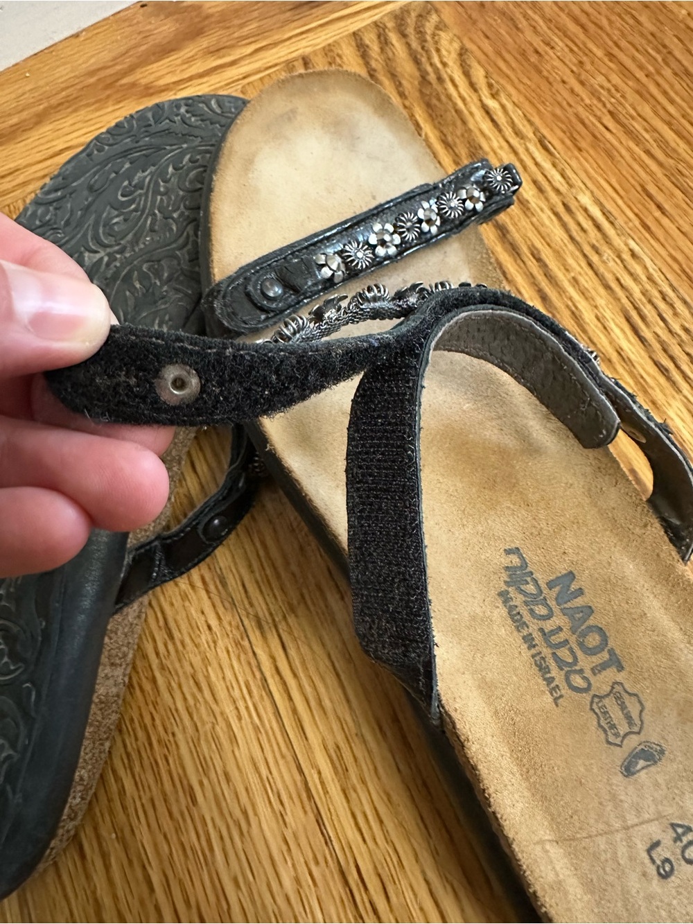 Naot Mona Leather Floral Jeweled Sandals- Black - Picture 13 of 14